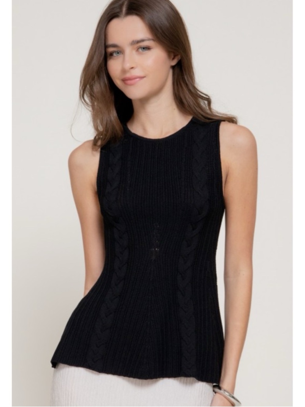 1287 • Black Viscose Blend Cable Knit Sleeveless Peplum Top